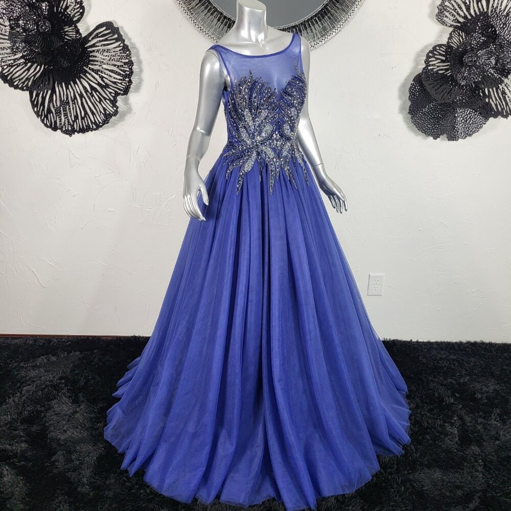 NWT~$625~FLAIR~6~BLUE BEADED EMBELLISHED FIT & FLARE PROM BALL GOWN MAXI DRESS